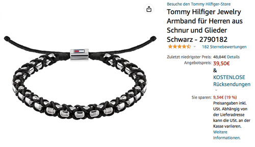 Tommy Hilfiger 2790182 Herren Armband aus Schnur und Glieder, schwarz Tommy Hilfiger 2790182 Herren Armband aus Schnur und Glieder, schwarz