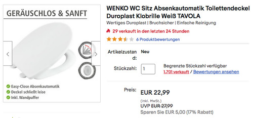 WENKO 24080800 Tavola WC Sitz mit Absenkautomatik, Duroplast - jetzt 18% billiger WENKO 24080800 Tavola WC Sitz mit Absenkautomatik, Duroplast - jetzt 18% billiger