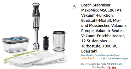 Bosch Stabmixer MaxoMixx MS6CB61V1 mit Vakuum-Funktion, 1000 W - jetzt 12% billiger Bosch Stabmixer MaxoMixx MS6CB61V1 mit Vakuum-Funktion, 1000 W - jetzt 12% billiger