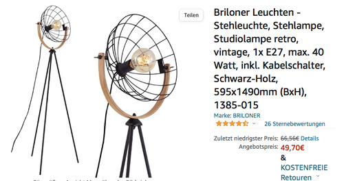 Briloner 1385-015 Stehlampe (149 cm, 1x E27, Metall/Holz) Briloner 1385-015 Stehlampe (149 cm, 1x E27, Metall/Holz)