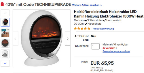 Deuba 103238 Heizlüfter in Kamin-Optik, 2 Heizstufen (850W bis 1500W) - jetzt 6% billiger