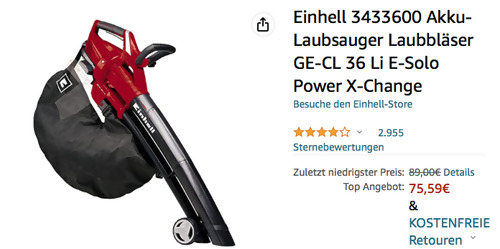 Einhell 3433600 Akku-Laubsauger GE-CL 36 Li E - Solo (ohne Akku und Ladegerät) Einhell 3433600 Akku-Laubsauger GE-CL 36 Li E - Solo (ohne Akku und Ladegerät)