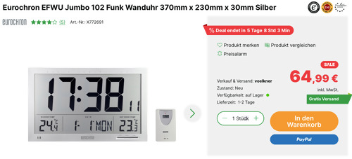 Eurochron EFWU Jumbo 102 Funk Wanduhr mit Temperaturanzeige, 37x23 cm Eurochron EFWU Jumbo 102 Funk Wanduhr mit Temperaturanzeige, 37x23 cm