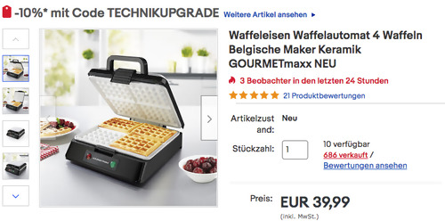 GOURMETmaxx Waffeleisen für 4 Belgische Waffeln, 1200 Watt - jetzt 10% billiger GOURMETmaxx Waffeleisen für 4 Belgische Waffeln, 1200 Watt - jetzt 10% billiger