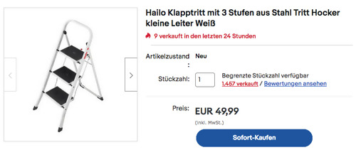 Hailo 4397-901 Klapptritt-Leiter mit 3 Stufen, max. 245 cm Arbeitshöhe Hailo 4397-901 Klapptritt-Leiter mit 3 Stufen, max. 245 cm Arbeitshöhe
