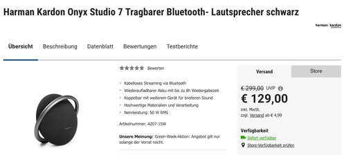 Harman Kardon Onyx Studio 7 Bluetooth - Lautsprecher in Schwarz, 50 W RMS Harman Kardon Onyx Studio 7 Bluetooth - Lautsprecher in Schwarz, 50 W RMS