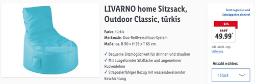 LIVARNO home Outdoor Classic Sitzsack in Türkis (ca. B 90 x H 95 x T 65 cm, max. 110 kg)) - jetzt 21% billiger