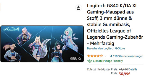 Logitech G840 K/DA XL League of Legends Gaming-Mauspad, 40 x 90 x 0.3 cm Logitech G840 K/DA XL League of Legends Gaming-Mauspad, 40 x 90 x 0.3 cm