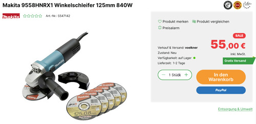 Makita 9558HNRX1 Winkelschleifer inkl. 5x Trennscheiben (125mm, 840W) Makita 9558HNRX1 Winkelschleifer inkl. 5x Trennscheiben (125mm, 840W)
