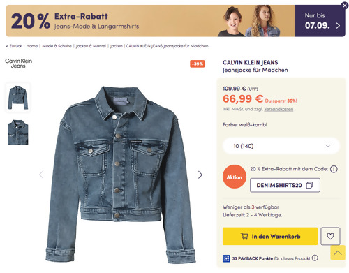 myToys.de - 20% Extra-Rabatt auf Jeans-Mode & Langarmshirts für Kinder: z.B. CALVIN KLEIN JEANS Jeansjacke für Mädchen (128,140,176) myToys.de - 20% Extra-Rabatt auf Jeans-Mode & Langarmshirts für Kinder: z.B. CALVIN KLEIN JEANS Jeansjacke für Mädchen (128,140,176)