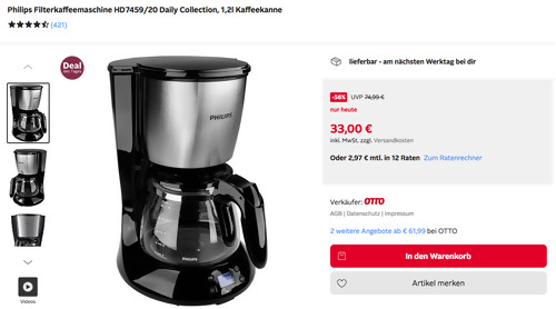 Philips Filterkaffeemaschine HD7459/20 Daily Collection (1,2 Liter, Aroma Swirl) Philips Filterkaffeemaschine HD7459/20 Daily Collection (1,2 Liter, Aroma Swirl)