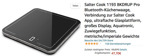 Salter Cook 1193 BKDRUP Pro Bluetooth-Küchenwaage (Glasplattform, Salter Cook App) Salter Cook 1193 BKDRUP Pro Bluetooth-Küchenwaage (Glasplattform, Salter Cook App)