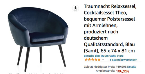 Traumnacht Cocktailsessel Theo in Blau (Samt), 65 x 74 x 81 cm - jetzt 24% billiger Traumnacht Cocktailsessel Theo in Blau (Samt), 65 x 74 x 81 cm - jetzt 24% billiger