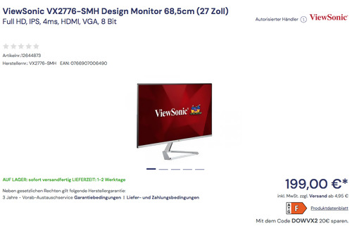 ViewSonic VX2776-SMH 68,5cm (27 Zoll) Design Monitor (Full HD, IPS, 4ms, HDMI, VGA) ViewSonic VX2776-SMH 68,5cm (27 Zoll) Design Monitor (Full HD, IPS, 4ms, HDMI, VGA)