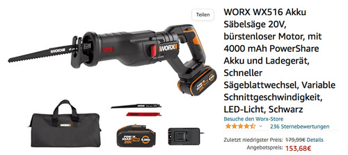 WORX WX516 20V Akku-Säbelsäge mit 4000 mAh PowerShare Akku und Ladegerät WORX WX516 20V Akku-Säbelsäge mit 4000 mAh PowerShare Akku und Ladegerät