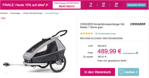 Babymarkt.de - 10% Rabatt auf fast alles: z.B. CROOZER Kinderfahrradanhänger Kid Keeke 1 Stone grey Babymarkt.de - 10% Rabatt auf fast alles: z.B. CROOZER Kinderfahrradanhänger Kid Keeke 1 Stone grey