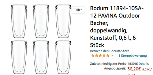 Bodum 11894-10SA-12 PAVINA 6 Stück 0,6 l Outdoor Becher Set (doppelwandig, Kunststoff) Bodum 11894-10SA-12 PAVINA 6 Stück 0,6 l Outdoor Becher Set (doppelwandig, Kunststoff)