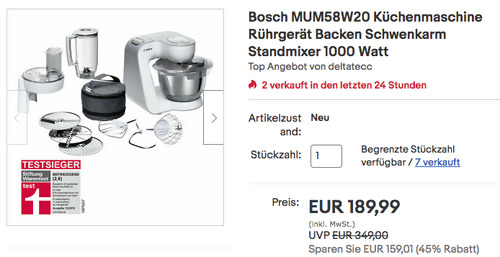 Bosch MUM58W20 Küchenmaschine mit Zubehör (Patisserie-Set, Durchlaufschnitzler, Mix-Aufsatz) - jetzt 12% billiger