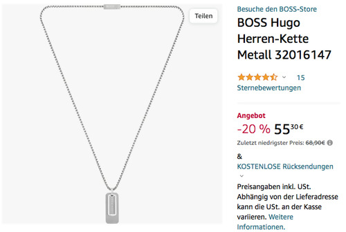BOSS 1580154 Metall Herren-Kette mit Anhänger (Edelstahl, 61 cm) BOSS 1580154 Metall Herren-Kette mit Anhänger (Edelstahl, 61 cm)