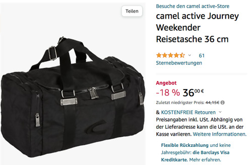 camel active 36 cm Journey Weekender Reisetasche in Schwarz, 36cm x 24cm x 18cm camel active 36 cm Journey Weekender Reisetasche in Schwarz, 36cm x 24cm x 18cm