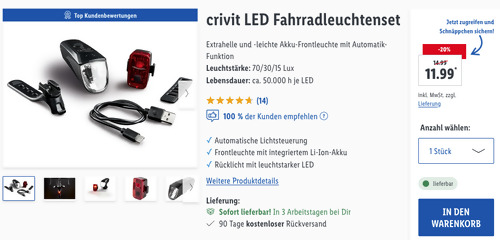 crivit LED Fahrradleuchtenset ( 70/30/15 Lux, USB-C Ladebuchse) crivit LED Fahrradleuchtenset ( 70/30/15 Lux, USB-C Ladebuchse)