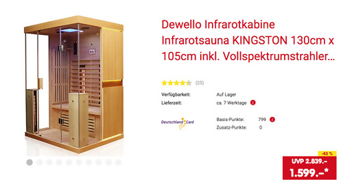Dewello 130x105x190 cm Infrarotkabine KINGSTON (2000 Watt, 4 x Vollspektrumstrahler, 4 x Karbon- Flächenstrahler) Dewello 130x105x190 cm Infrarotkabine KINGSTON (2000 Watt, 4 x Vollspektrumstrahler, 4 x Karbon- Flächenstrahler)