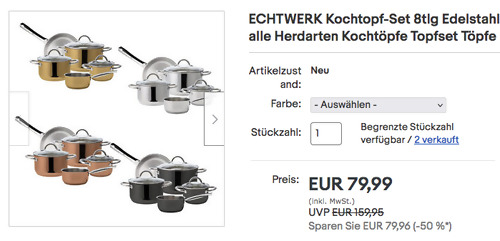 ECHTWERK 8tlg. Edelstahl Kochtopf-Set, versch. Farben - jetzt 27% billiger ECHTWERK 8tlg. Edelstahl Kochtopf-Set, versch. Farben - jetzt 27% billiger