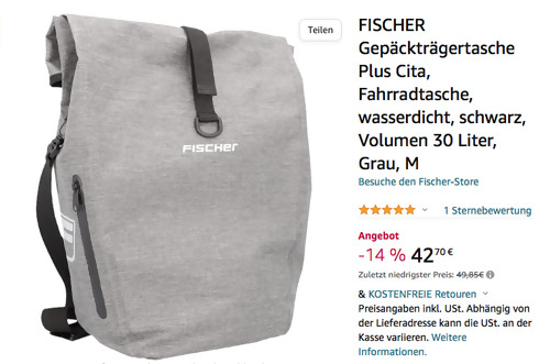 FISCHER 30 Liter Gepäckträgertasche Plus Cita in Grau (TPU, wasserdicht) FISCHER 30 Liter Gepäckträgertasche Plus Cita in Grau (TPU, wasserdicht)