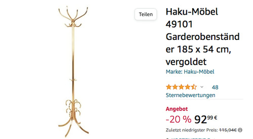 Haku-Möbel 49101 Garderobenständer (185 x 54 cm, vergoldet) - jetzt 20% billiger