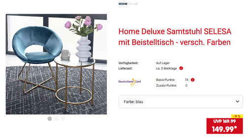Home Deluxe Samtstuhl SELESA mit Beistelltisch MASEI, versch. Farben - jetzt 12% billiger Home Deluxe Samtstuhl SELESA mit Beistelltisch MASEI, versch. Farben - jetzt 12% billiger