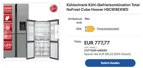 Hoover HSC818EXWD Cube Total NoFrost Kühl-Gefrierkombination (284 L, 183,0x83,6x63,6 cm) Hoover HSC818EXWD Cube Total NoFrost Kühl-Gefrierkombination (284 L, 183,0x83,6x63,6 cm)