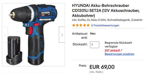 HYUNDAI CD1201LI Akku-Bohrschrauber SET2A (12V, inkl. Koffer, 2x Akku 2.0Ah, Schnellladegerät, Zubehör) HYUNDAI CD1201LI Akku-Bohrschrauber SET2A (12V, inkl. Koffer, 2x Akku 2.0Ah, Schnellladegerät, Zubehör)