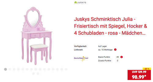 Juskys Rosa Schminktisch "Julia" mit Spiegel, Hocker & 4 Schubladen - jetzt 17% billiger Juskys Rosa Schminktisch "Julia" mit Spiegel, Hocker & 4 Schubladen - jetzt 17% billiger