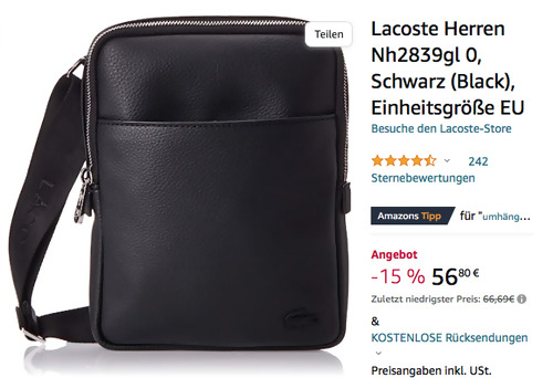 Lacoste Herren Nh2839gl Umhängetasche in Schwarz, 16 x 3.5 x 20.5 cm Lacoste Herren Nh2839gl Umhängetasche in Schwarz, 16 x 3.5 x 20.5 cm