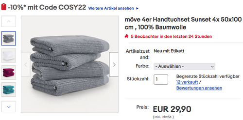 möve 4er 50x100 cm Handtuchset Sunset, versch. Farben (100% Baumwolle, 450 g/m²) - jetzt 40% billiger möve 4er 50x100 cm Handtuchset Sunset, versch. Farben (100% Baumwolle, 450 g/m²) - jetzt 40% billiger