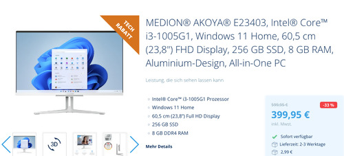 MEDION® AKOYA® E23403 60,5 cm (23,8") All-in-One PC (i3-1005G1, Windows 11 Home, 256 GB SSD, 8 GB RAM) MEDION® AKOYA® E23403 60,5 cm (23,8") All-in-One PC (i3-1005G1, Windows 11 Home, 256 GB SSD, 8 GB RAM)