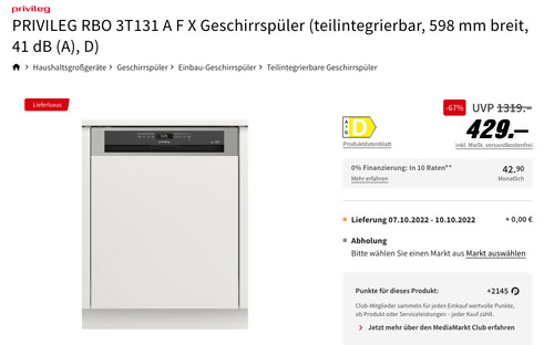 PRIVILEG RBO 3T131 A F X Geschirrspüler (teilintegrierbar, 598 mm breit, 41 dB (A), D) PRIVILEG RBO 3T131 A F X Geschirrspüler (teilintegrierbar, 598 mm breit, 41 dB (A), D)