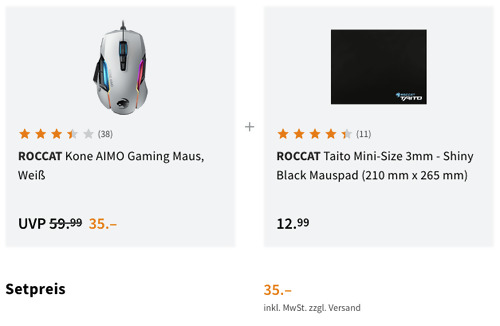ROCCAT Kone AIMO Gaming Maus in Weiß inkl. ROCCAT Taito Mini-Size 3mm - Shiny Black Mauspad (210 mm x 265 mm) ROCCAT Kone AIMO Gaming Maus in Weiß inkl. ROCCAT Taito Mini-Size 3mm - Shiny Black Mauspad (210 mm x 265 mm)