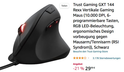 Trust Gaming GXT 144 Rexx Vertikale Gaming Maus (USB, 250 - 10.000 DPI, RGB LED-Beleuchtung) Trust Gaming GXT 144 Rexx Vertikale Gaming Maus (USB, 250 - 10.000 DPI, RGB LED-Beleuchtung)