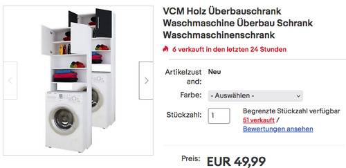 VCM 64 x 190 x  25 cm Waschmaschine Überbauschrank, Weiß oder Weiß/Schwarz - jetzt 32% billiger