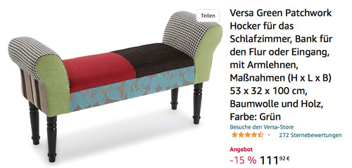Versa 19500755 Green Patchwork Hocker, 53 x 32 x 100 cm - jetzt 15% billiger