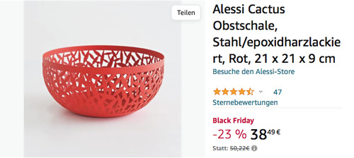 Alessi 21 x 21 x 9 cm Cactus Obstschale in Rot, Stahl/epoxidharzlackiert Alessi 21 x 21 x 9 cm Cactus Obstschale in Rot, Stahl/epoxidharzlackiert