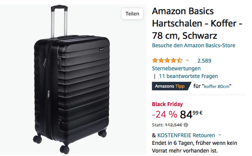 Amazon Basics 78 cm Hartschalenkoffer in Schwarz Amazon Basics 78 cm Hartschalenkoffer in Schwarz