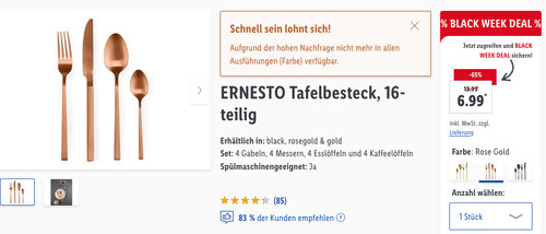 ERNESTO 16-tlg. Tafelbesteck in Rose Gold oder Schwarz, Edelstahl ERNESTO 16-tlg. Tafelbesteck in Rose Gold oder Schwarz, Edelstahl