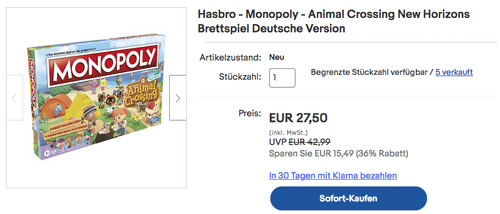 Hasbro - Animal Crossing New Horizons Monopoly Brettspiel in Deutsche Version Hasbro - Animal Crossing New Horizons Monopoly Brettspiel in Deutsche Version