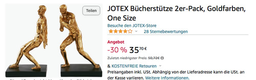 JOTEX 1551963 Bücherstütze 2er-Pack in Goldfarben, 26,7 cm hoch JOTEX 1551963 Bücherstütze 2er-Pack in Goldfarben, 26,7 cm hoch