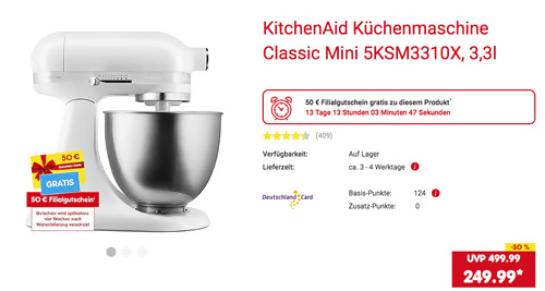 KitchenAid Küchenmaschine Classic Mini 5KSM3310X inkl. 50 Netto Marken-Discount Filialgutschein KitchenAid Küchenmaschine Classic Mini 5KSM3310X inkl. 50 Netto Marken-Discount Filialgutschein