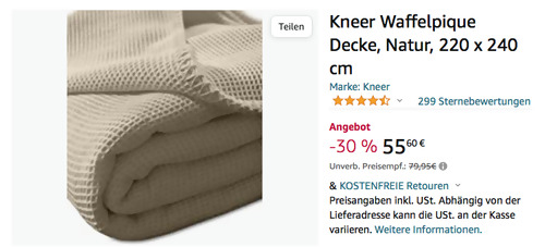 Kneer 220 x240 cm Waffelpique Decke in Farbe Natur Kneer 220 x240 cm Waffelpique Decke in Farbe Natur