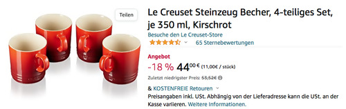 Le Creuset 350 ml Steinzeug Becher 4er Set in Kirschrot - jetzt 10% billiger