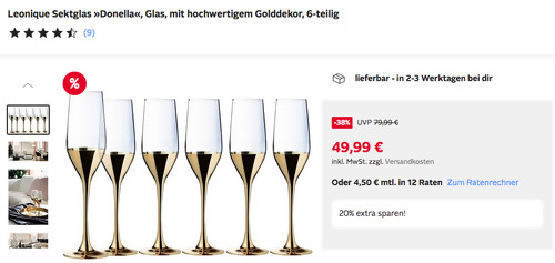 Otto.de - 20% Rabatt auf Haushaltswaren: z.B. Leonique 6er-Set Sektglas "Donella" mit hochwertigem Golddekor Otto.de - 20% Rabatt auf Haushaltswaren: z.B. Leonique 6er-Set Sektglas "Donella" mit hochwertigem Golddekor